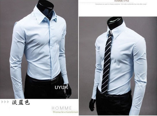 New Men Dress Shirt Turn-Down Collar Unique Neckline Fashion Solid Color Slim Fit Long Sleeve Man Shirt