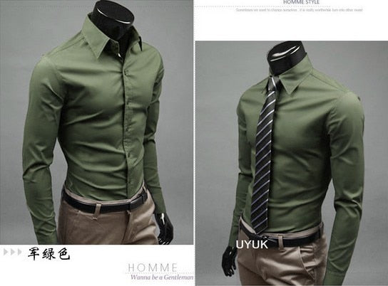 New Men Dress Shirt Turn-Down Collar Unique Neckline Fashion Solid Color Slim Fit Long Sleeve Man Shirt