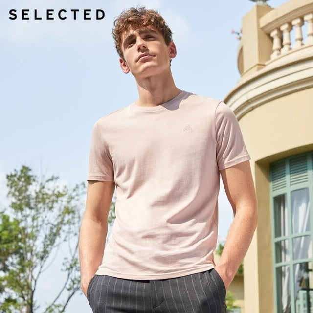 SELECTED Men's Summer 100% Cotton Pure Color Embroidered Short-sleeved T-shirt S|419201506