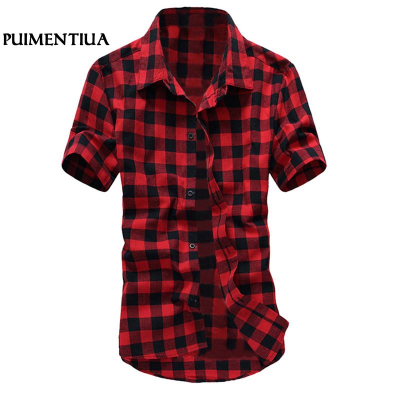 Puimentiua Summer Fashion Turn-down Collar Short Sleeve Men Shirt Casual Red Black Plaid Shirt Male Shirt camisa hombre 2018