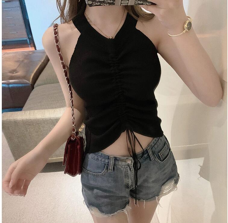 Sexy V Neck Drawstring Ruched Crop Top Women 2020 Summer High Stretch Knit Sleeveless Camisole Tops Streetwear Slim Tank Tops