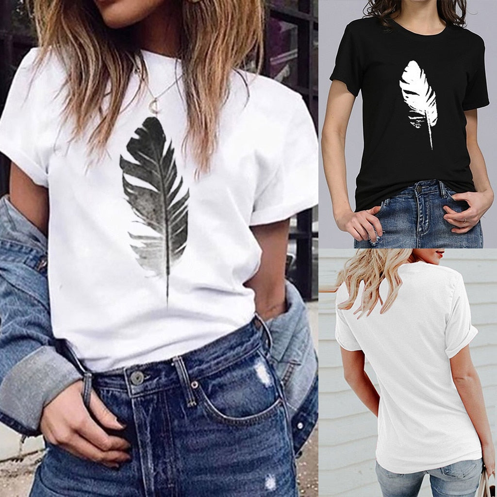 Short-Sleeved O-Neck Summer Top Short Sleeve Funny T Shirts Women Ulzzang Harajuku Tees Vogue Leaf Print Tshirt