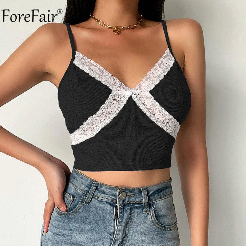 Forefair V Neck Summer Lace Crop Top Women Spaghetti Strap Patchwork Blue Sexy Cami Backless Casual Off Shoulder Tank Top Pink