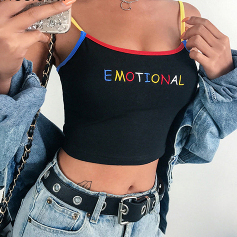 2020 Summer Women Crop Top Cropped Ladies Spaghetti Strap Elastic Camisole Sexy EMOTIONAL Heart Letter Embroidery Tank Tops