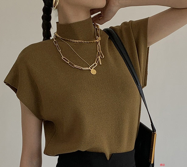 Qooth Solid Stand-up Collar Knitted Vest Short Sleeve Office Lady All Match Fashion Vest Shirt Loose Elegant Straight Tops QT908