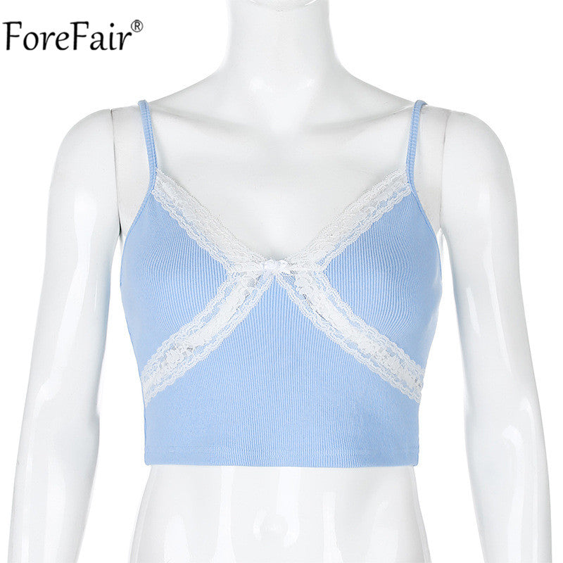 Forefair V Neck Summer Lace Crop Top Women Spaghetti Strap Patchwork Blue Sexy Cami Backless Casual Off Shoulder Tank Top Pink