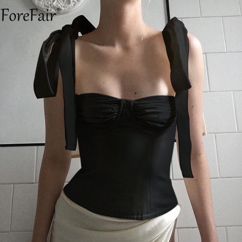 Forefair 2020 Summer White Backless Bow Sexy Bandage Spaghetti Strap Tank Top Women Camis Casual Party Lace up Crop Tops