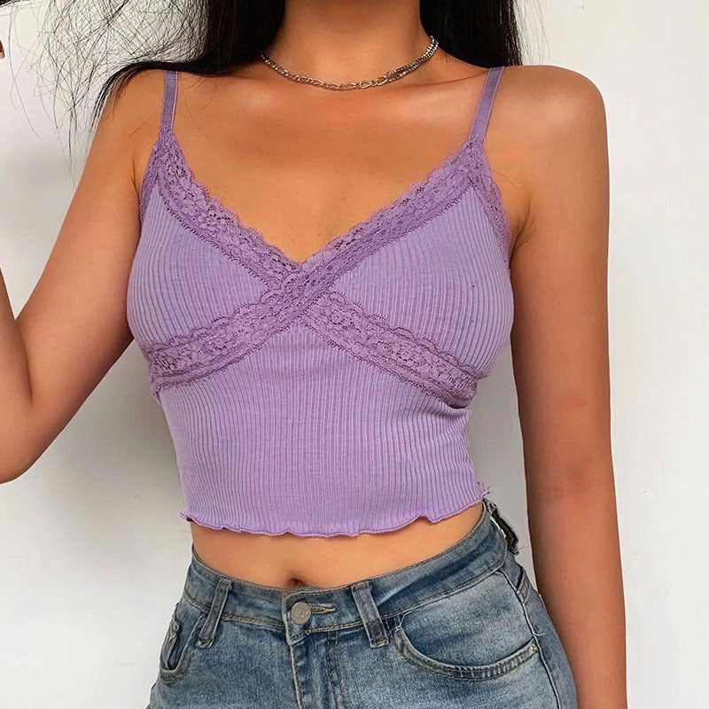 Crop Top Women Lace Cami Top Sexy Top Femme Pink Cute tops V Neck Fashion Cotton Tank Tops summer tops for women 2020 croptop