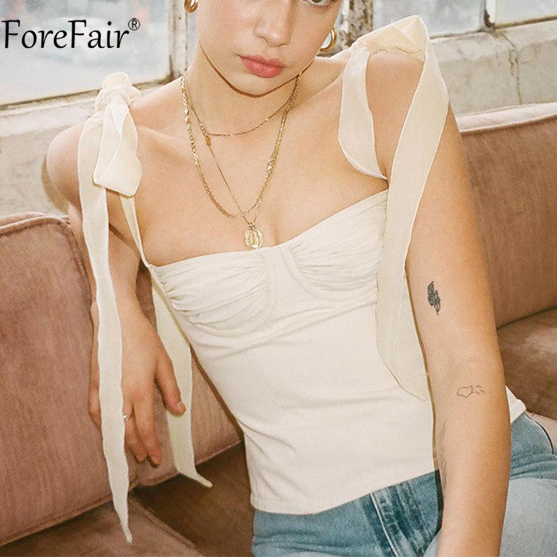 Forefair 2020 Summer White Backless Bow Sexy Bandage Spaghetti Strap Tank Top Women Camis Casual Party Lace up Crop Tops