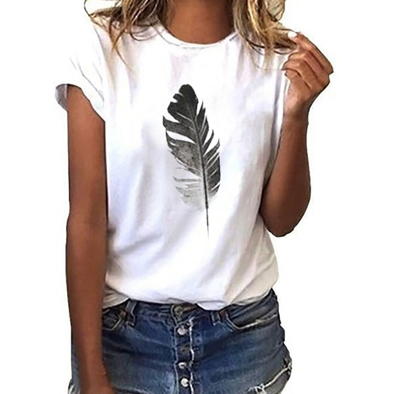 Short-Sleeved O-Neck Summer Top Short Sleeve Funny T Shirts Women Ulzzang Harajuku Tees Vogue Leaf Print Tshirt