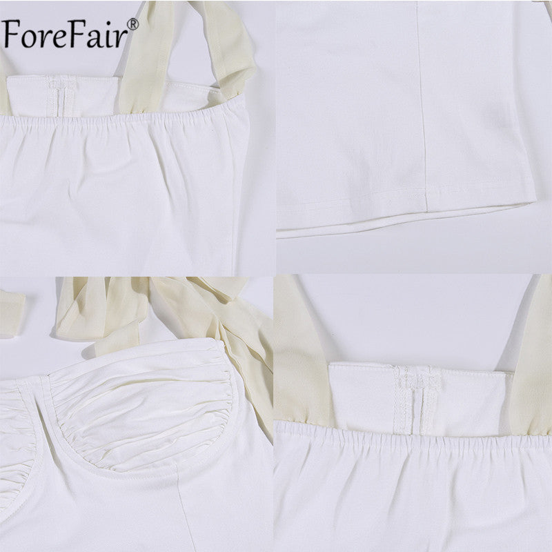 Forefair 2020 Summer White Backless Bow Sexy Bandage Spaghetti Strap Tank Top Women Camis Casual Party Lace up Crop Tops