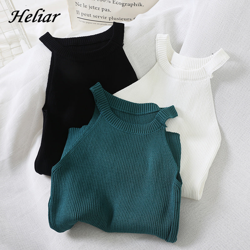 HELIAR Top Women Crop Tops Knitted Off Shoulder Sexy Tank Tops Female Solid O-Neck Stretchy Crop Top 2020 Summer Tops For Women