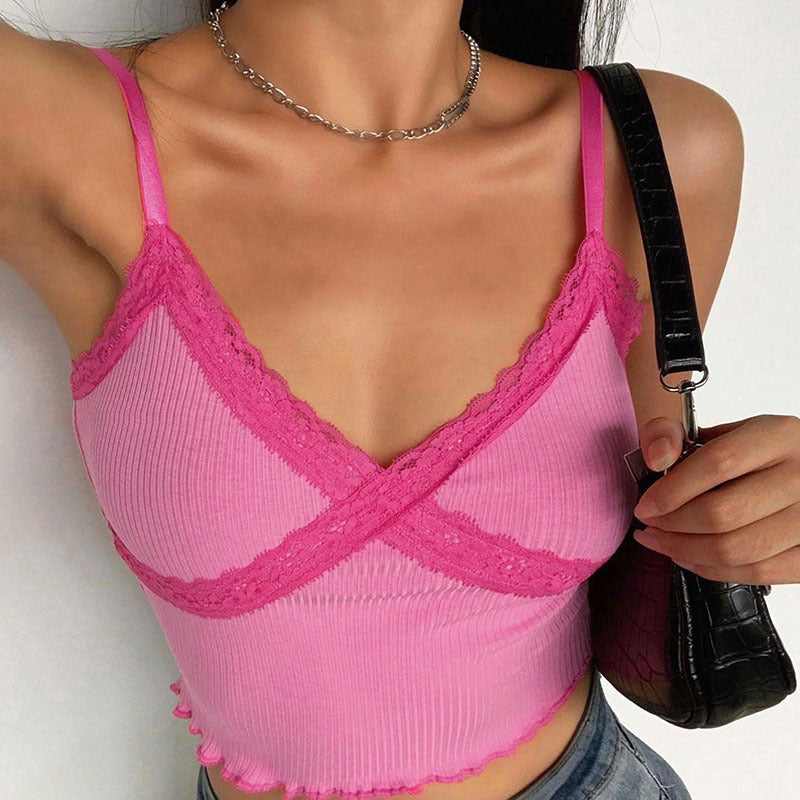 Crop Top Women Lace Cami Top Sexy Top Femme Pink Cute tops V Neck Fashion Cotton Tank Tops summer tops for women 2020 croptop