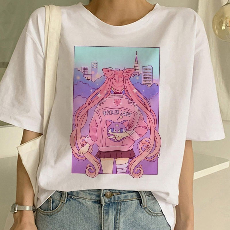 Sailor Moon Summer New Fashion T Shirt Women Harajuku Short Sleeve Fun Ulzzang T-Shirt Cute Cat Tshirt Cartoon Top Tees Female