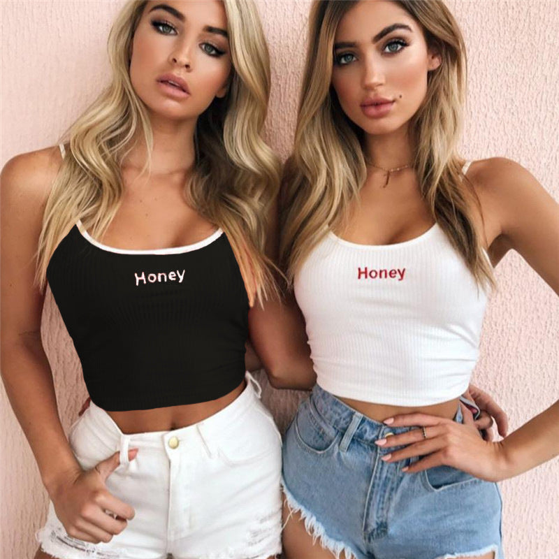 Sexy Women Crop Top 2018 Summer Honey Letter Embroidery Strap Tank Tops Cropped Feminino Ladies Elastic Shirt Vest Camisole