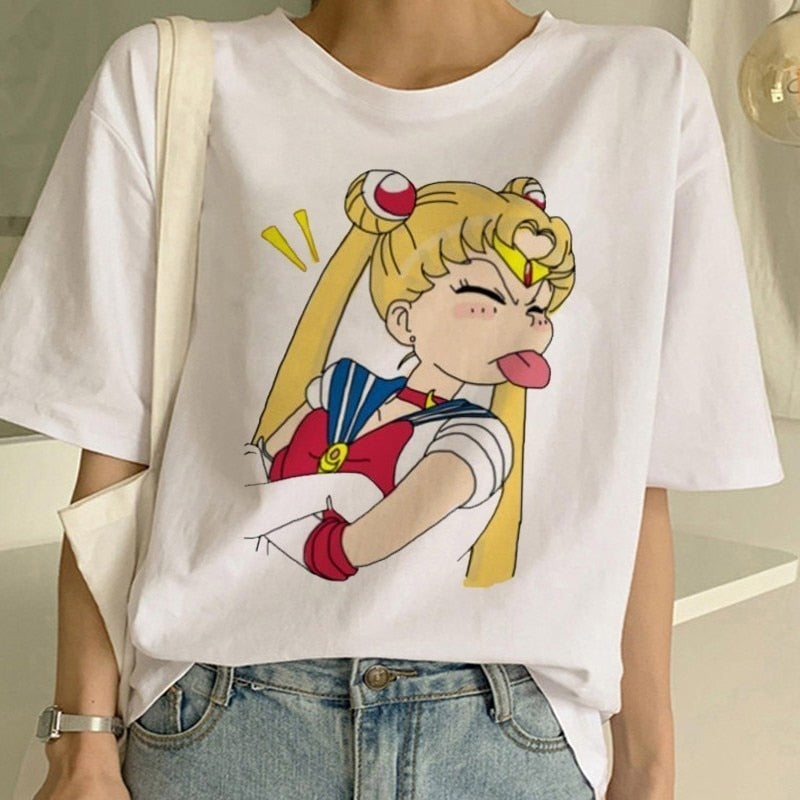 Sailor Moon Summer New Fashion T Shirt Women Harajuku Short Sleeve Fun Ulzzang T-Shirt Cute Cat Tshirt Cartoon Top Tees Female