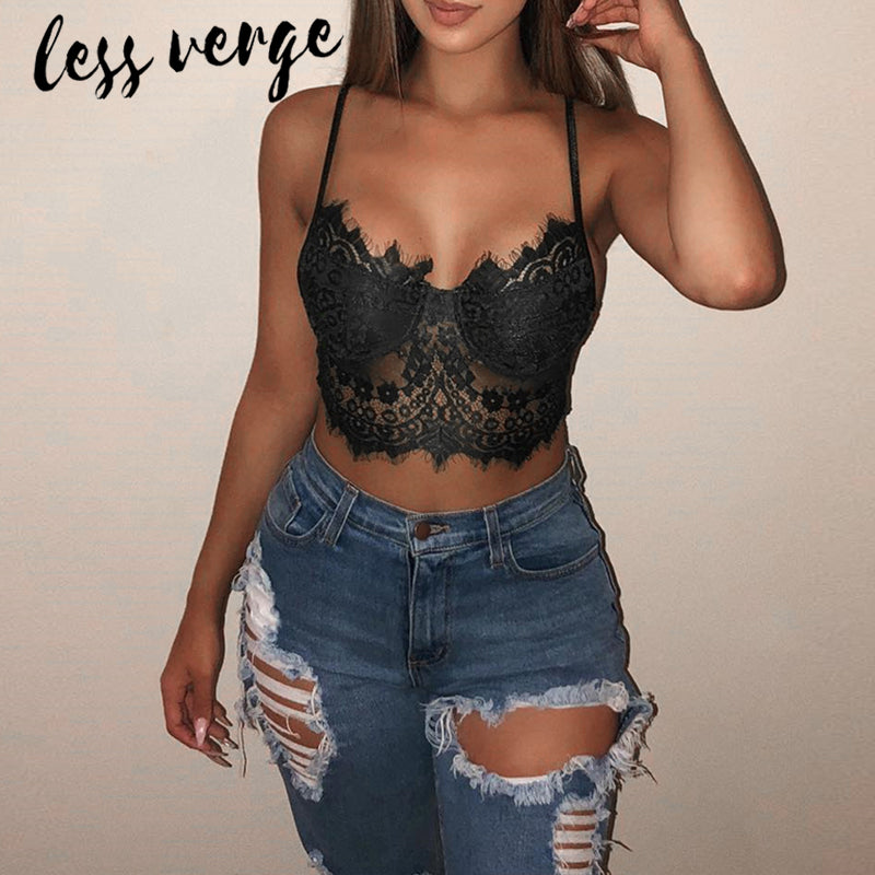 lessverge Black transparent lace bra top Women sleeveless party white sexy sheer crop top Feme short summer floral tank cami