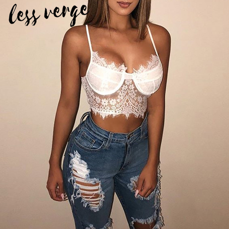 lessverge Black transparent lace bra top Women sleeveless party white sexy sheer crop top Feme short summer floral tank cami