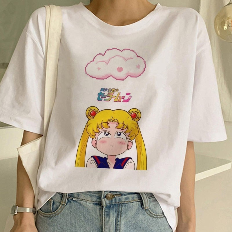 Sailor Moon Summer New Fashion T Shirt Women Harajuku Short Sleeve Fun Ulzzang T-Shirt Cute Cat Tshirt Cartoon Top Tees Female