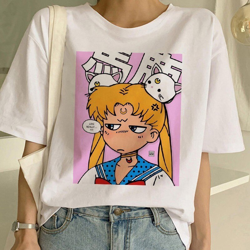 Sailor Moon Summer New Fashion T Shirt Women Harajuku Short Sleeve Fun Ulzzang T-Shirt Cute Cat Tshirt Cartoon Top Tees Female