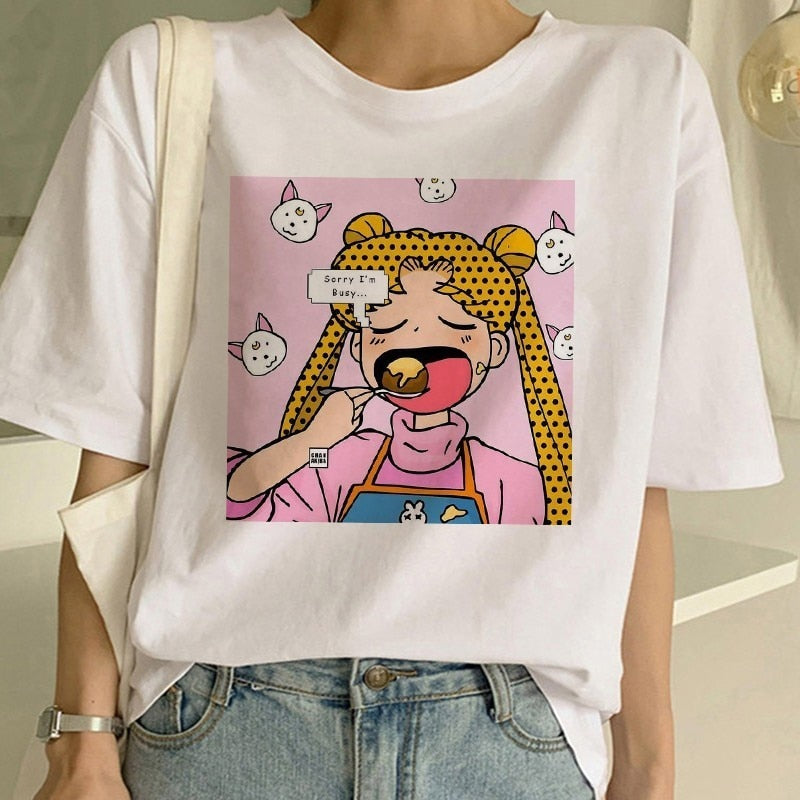 Sailor Moon Summer New Fashion T Shirt Women Harajuku Short Sleeve Fun Ulzzang T-Shirt Cute Cat Tshirt Cartoon Top Tees Female