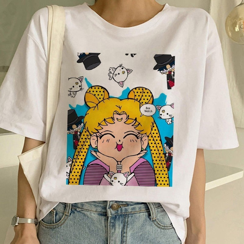 Sailor Moon Summer New Fashion T Shirt Women Harajuku Short Sleeve Fun Ulzzang T-Shirt Cute Cat Tshirt Cartoon Top Tees Female