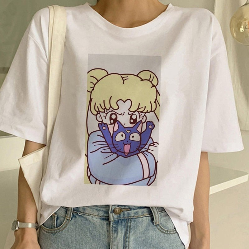 Sailor Moon Summer New Fashion T Shirt Women Harajuku Short Sleeve Fun Ulzzang T-Shirt Cute Cat Tshirt Cartoon Top Tees Female