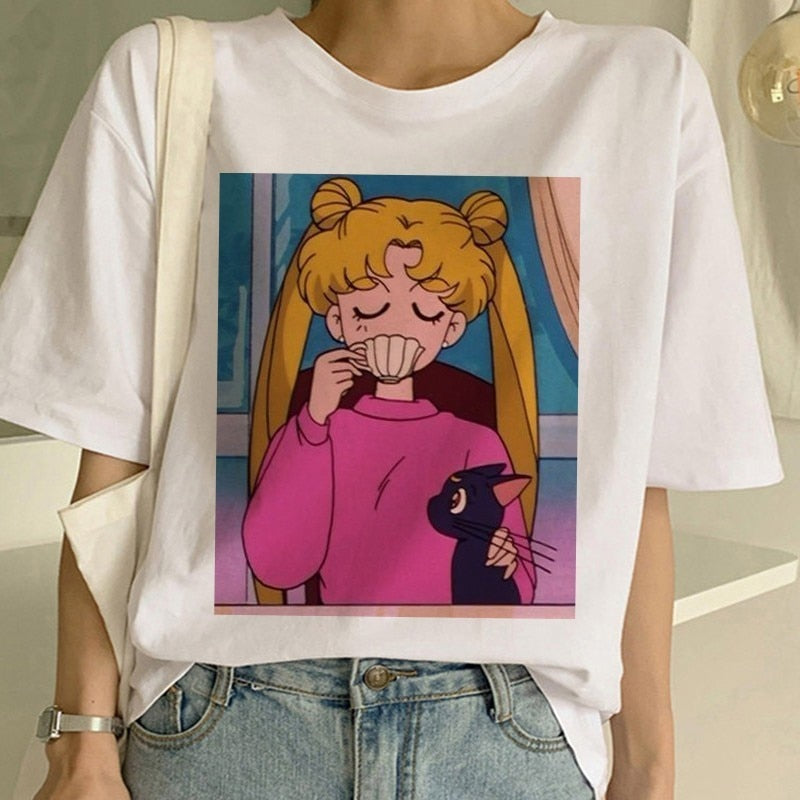 Sailor Moon Summer New Fashion T Shirt Women Harajuku Short Sleeve Fun Ulzzang T-Shirt Cute Cat Tshirt Cartoon Top Tees Female