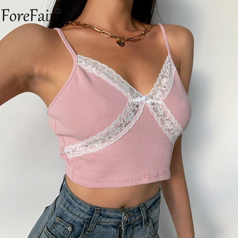 Forefair V Neck Summer Lace Crop Top Women Spaghetti Strap Patchwork Blue Sexy Cami Backless Casual Off Shoulder Tank Top Pink