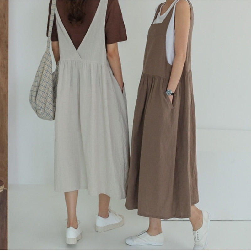 2021 New Summer Dress Ladies Dress Plus Size XL- 5XL Cotton Linen Women Tank Vestidos Sleeveless Robe Dress Pockets Clothes KE02