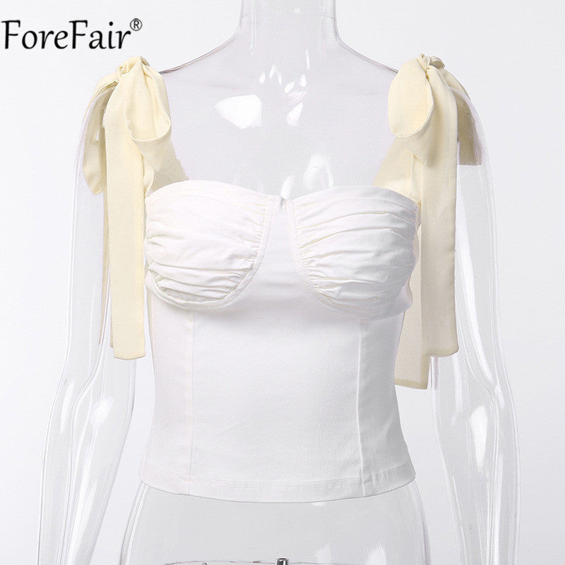 Forefair 2020 Summer White Backless Bow Sexy Bandage Spaghetti Strap Tank Top Women Camis Casual Party Lace up Crop Tops