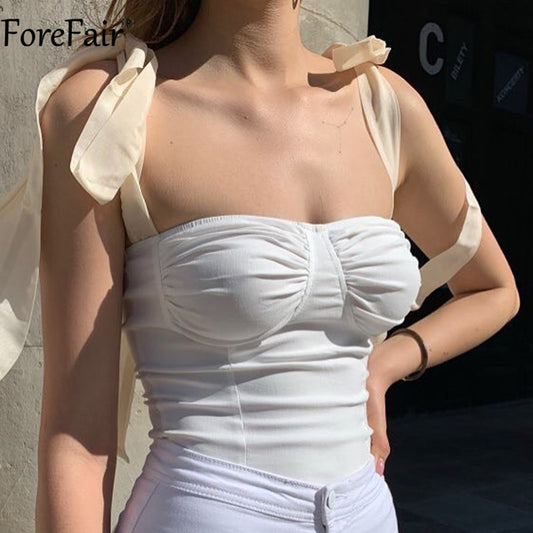 Forefair 2020 Summer White Backless Bow Sexy Bandage Spaghetti Strap Tank Top Women Camis Casual Party Lace up Crop Tops