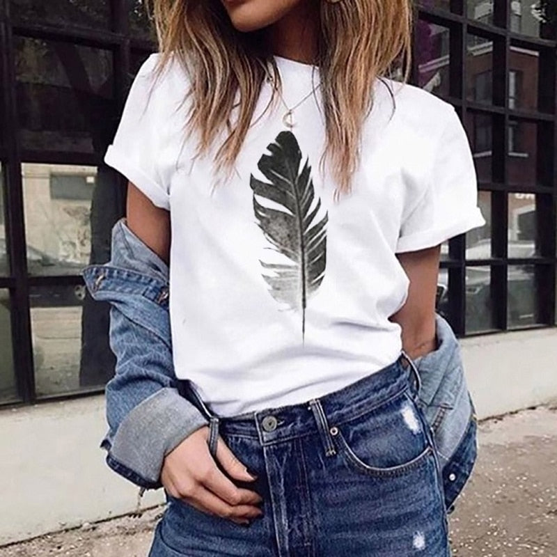 Short-Sleeved O-Neck Summer Top Short Sleeve Funny T Shirts Women Ulzzang Harajuku Tees Vogue Leaf Print Tshirt