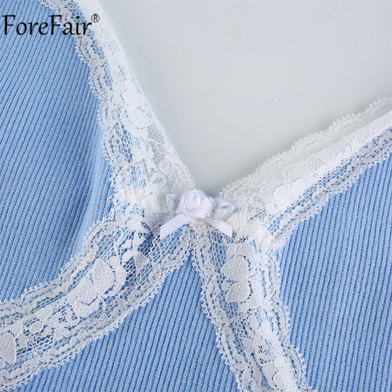 Forefair V Neck Summer Lace Crop Top Women Spaghetti Strap Patchwork Blue Sexy Cami Backless Casual Off Shoulder Tank Top Pink