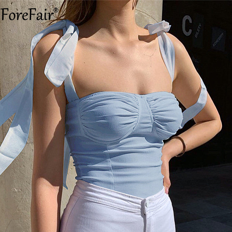 Forefair 2020 Summer White Backless Bow Sexy Bandage Spaghetti Strap Tank Top Women Camis Casual Party Lace up Crop Tops