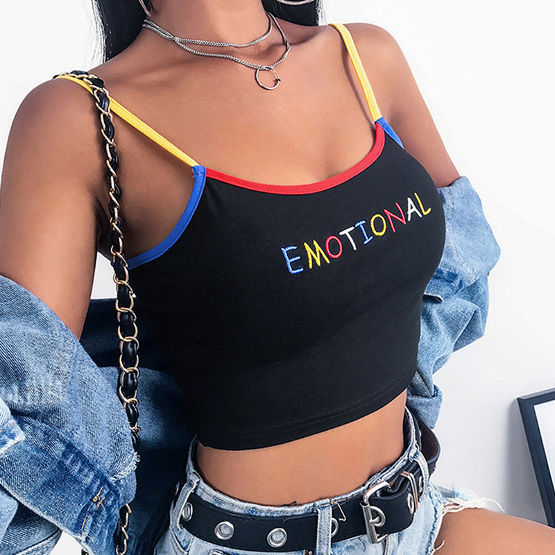 2020 Summer Women Crop Top Cropped Ladies Spaghetti Strap Elastic Camisole Sexy EMOTIONAL Heart Letter Embroidery Tank Tops