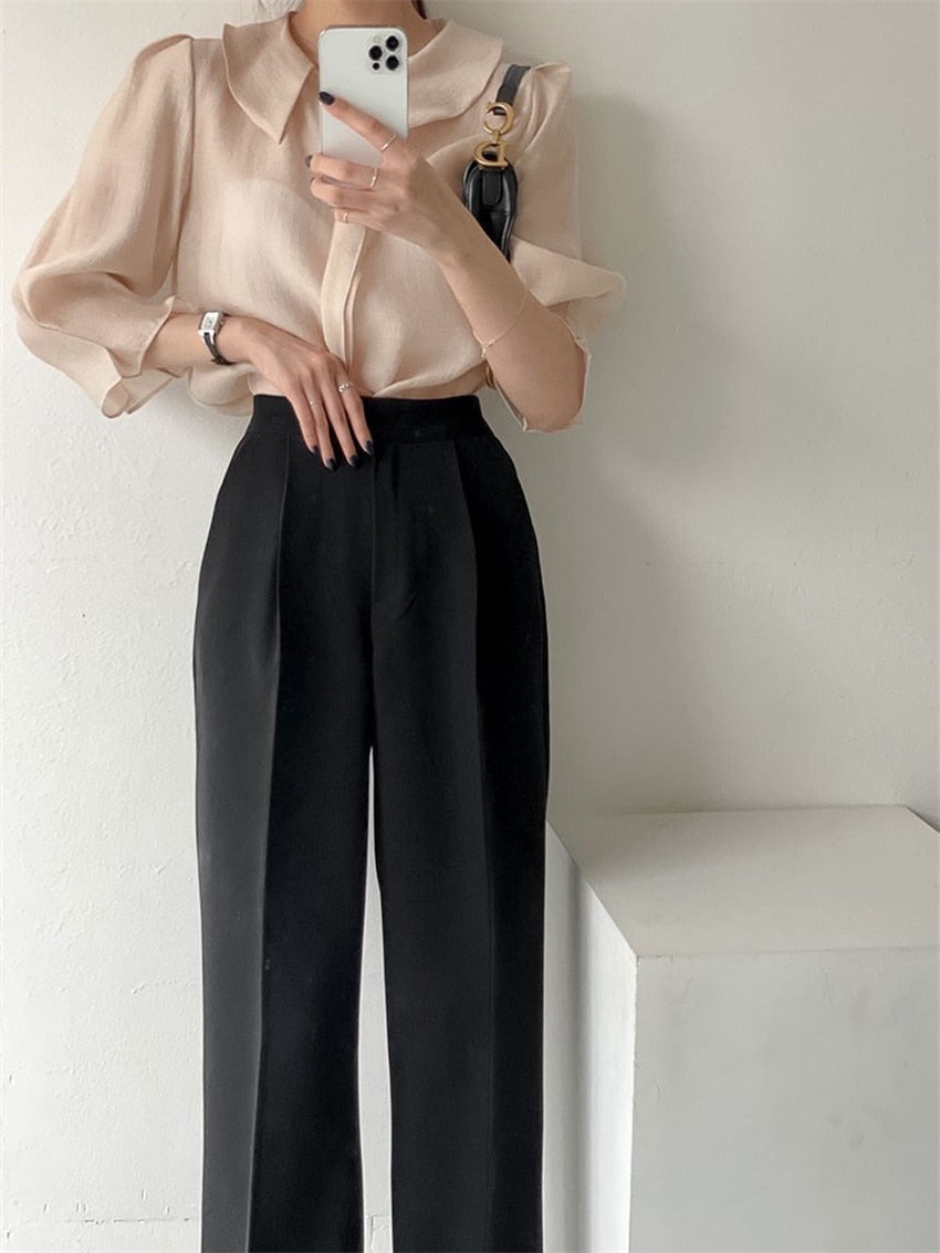 HziriP Chic Summer Office Lady Shirts New Casual Solid Elegant 2022 Hot OL Work Wear Gentle Outwear All Match Loose Blusas