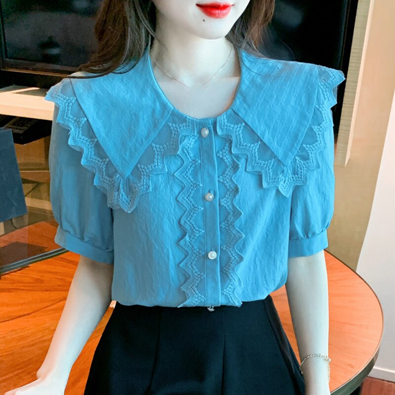 Lucyever White Lace Peter Pan Collar Blouse Women Korean Fashion Office Short Sleeve Shirt Ladies Summer Single-breasted Blusas