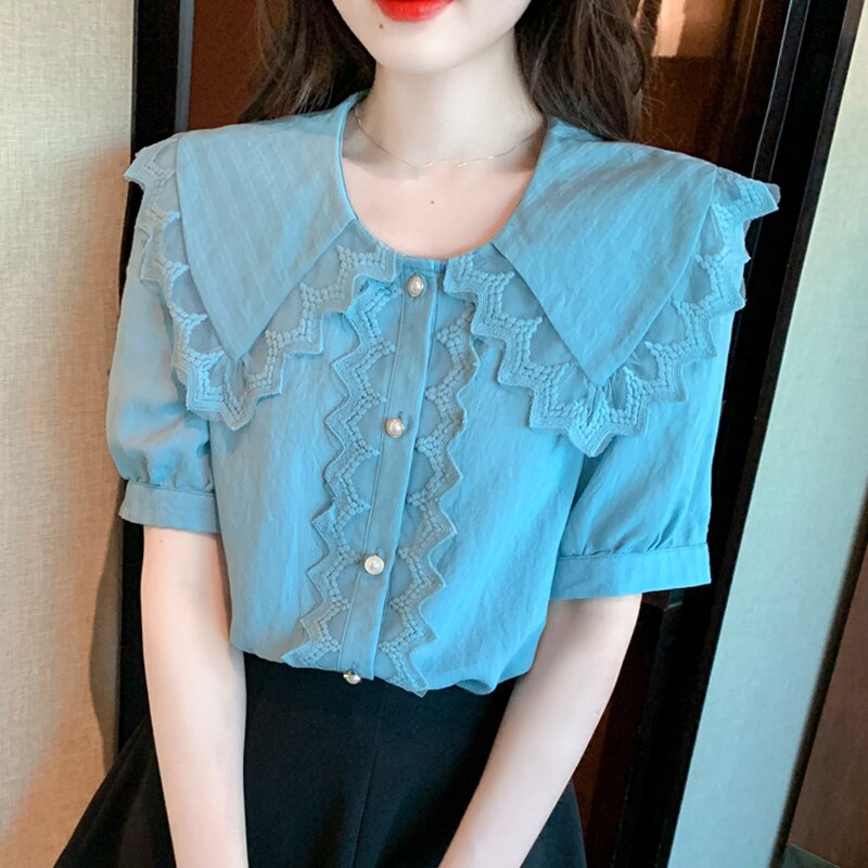 Lucyever White Lace Peter Pan Collar Blouse Women Korean Fashion Office Short Sleeve Shirt Ladies Summer Single-breasted Blusas