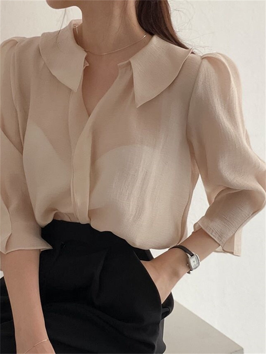 HziriP Chic Summer Office Lady Shirts New Casual Solid Elegant 2022 Hot OL Work Wear Gentle Outwear All Match Loose Blusas