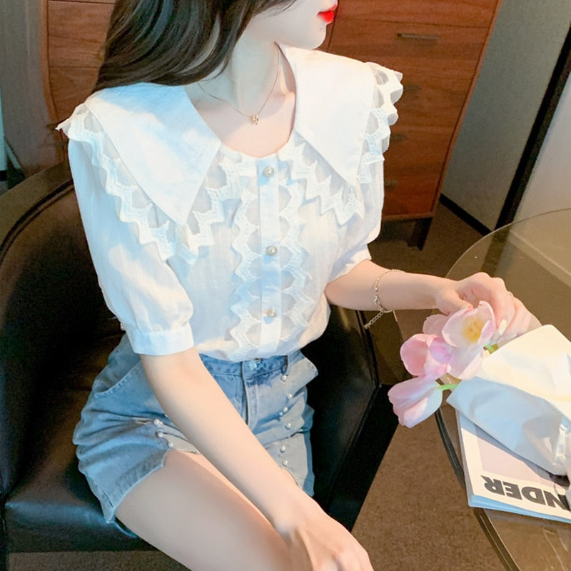 Lucyever White Lace Peter Pan Collar Blouse Women Korean Fashion Office Short Sleeve Shirt Ladies Summer Single-breasted Blusas