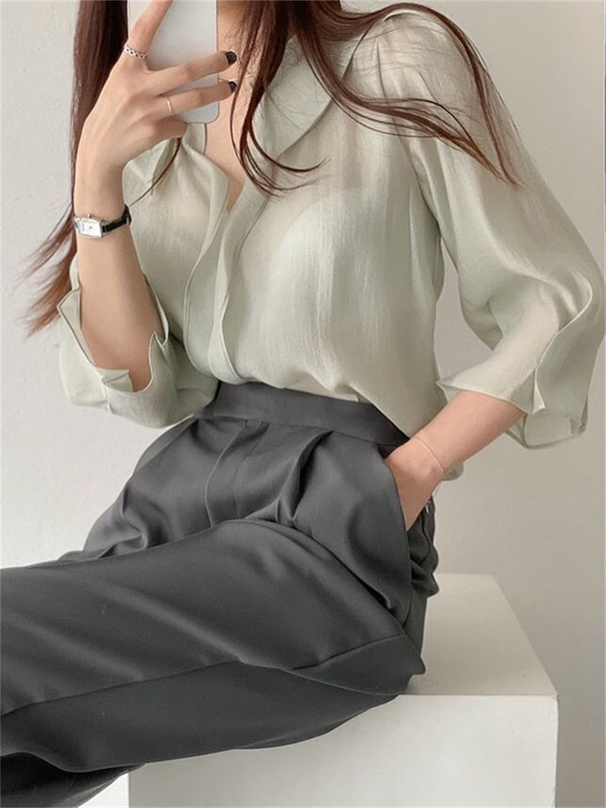 HziriP Chic Summer Office Lady Shirts New Casual Solid Elegant 2022 Hot OL Work Wear Gentle Outwear All Match Loose Blusas