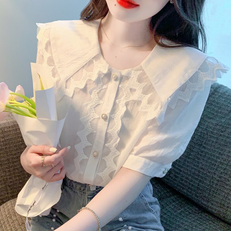 Lucyever White Lace Peter Pan Collar Blouse Women Korean Fashion Office Short Sleeve Shirt Ladies Summer Single-breasted Blusas