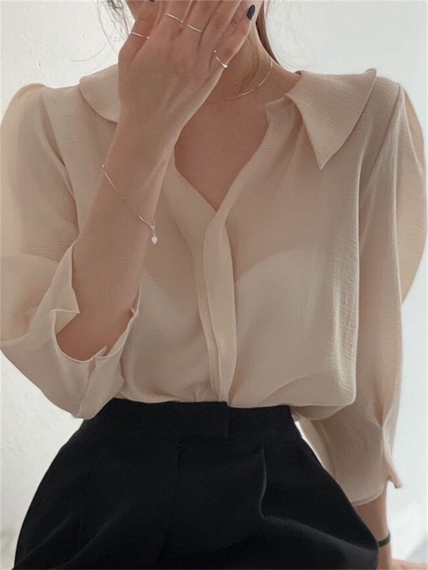 HziriP Chic Summer Office Lady Shirts New Casual Solid Elegant 2022 Hot OL Work Wear Gentle Outwear All Match Loose Blusas