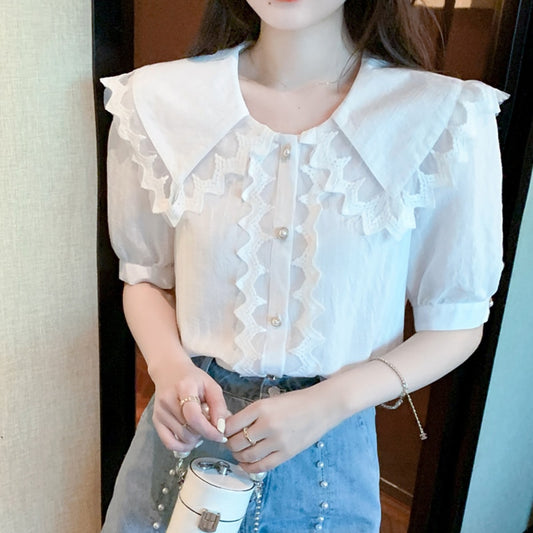 Lucyever White Lace Peter Pan Collar Blouse Women Korean Fashion Office Short Sleeve Shirt Ladies Summer Single-breasted Blusas