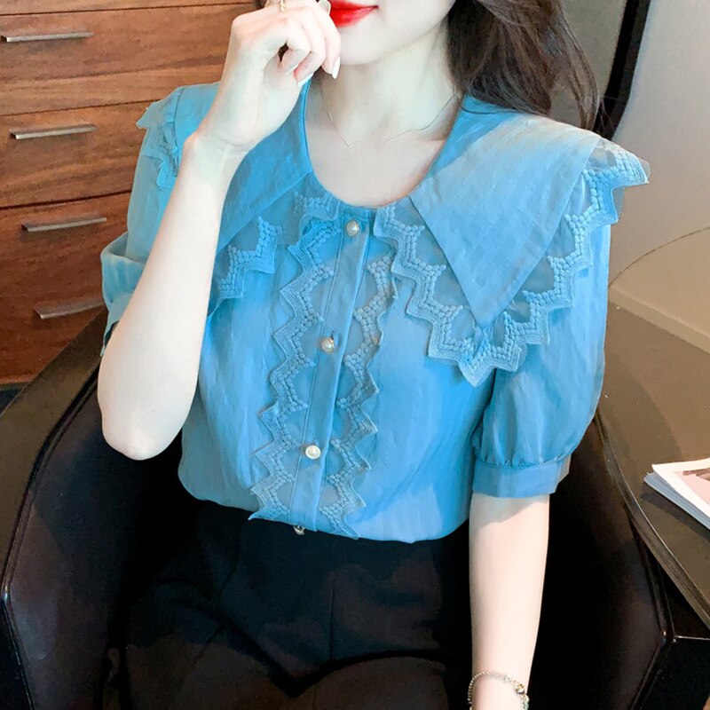 Lucyever White Lace Peter Pan Collar Blouse Women Korean Fashion Office Short Sleeve Shirt Ladies Summer Single-breasted Blusas