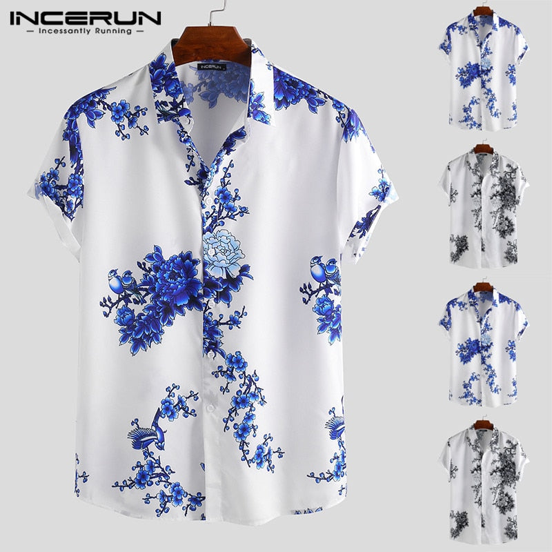 INCERUN Chinese Style Men Shirt Floral Print Lapel Neck Short Sleeve Slim Fit Retro Tops Men Casual Brand Shirts 2019 Camisa 5XL