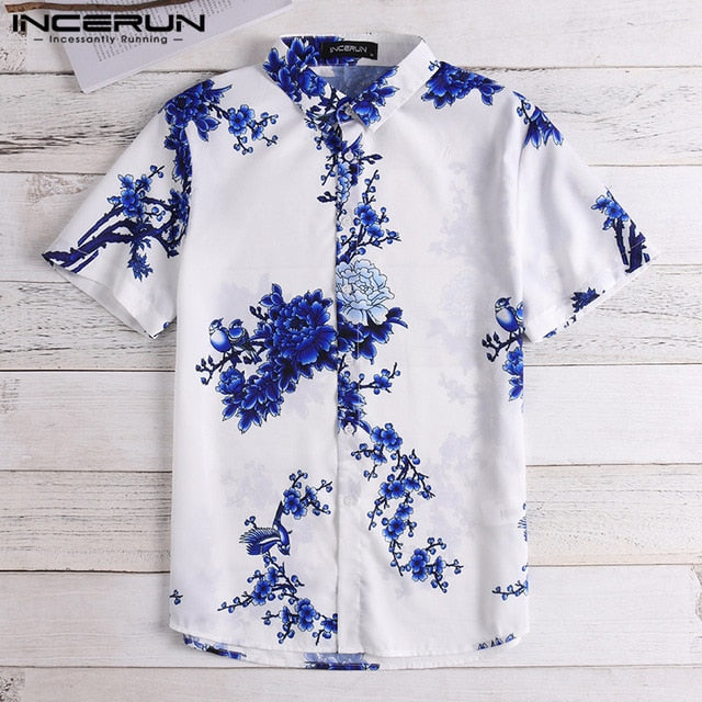 INCERUN Chinese Style Men Shirt Floral Print Lapel Neck Short Sleeve Slim Fit Retro Tops Men Casual Brand Shirts 2019 Camisa 5XL