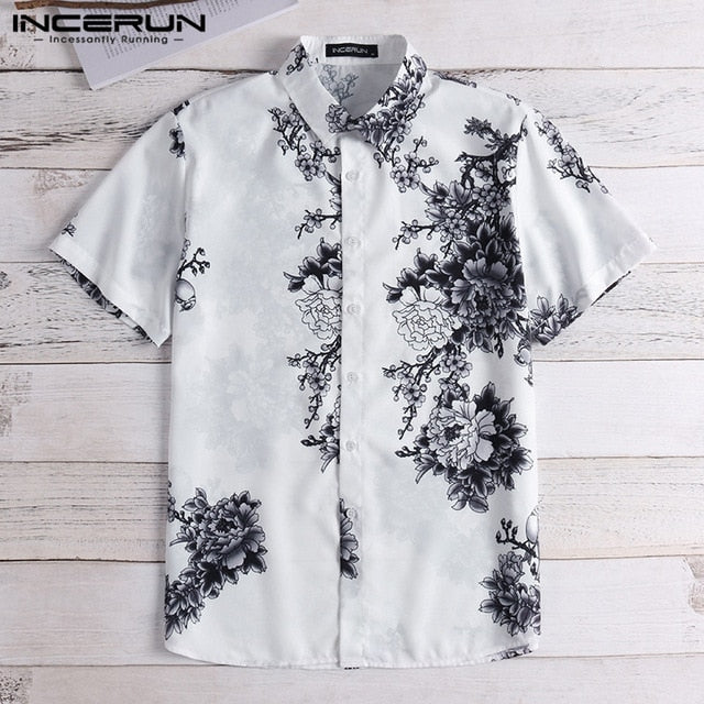 INCERUN Chinese Style Men Shirt Floral Print Lapel Neck Short Sleeve Slim Fit Retro Tops Men Casual Brand Shirts 2019 Camisa 5XL