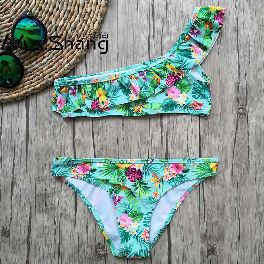 8-16 Years Girl Swimsuit Print Teenager Girl Bikini One Shoulder Swim Wear Falbala Two Piece Children Swimwear Girl Bathing Suit